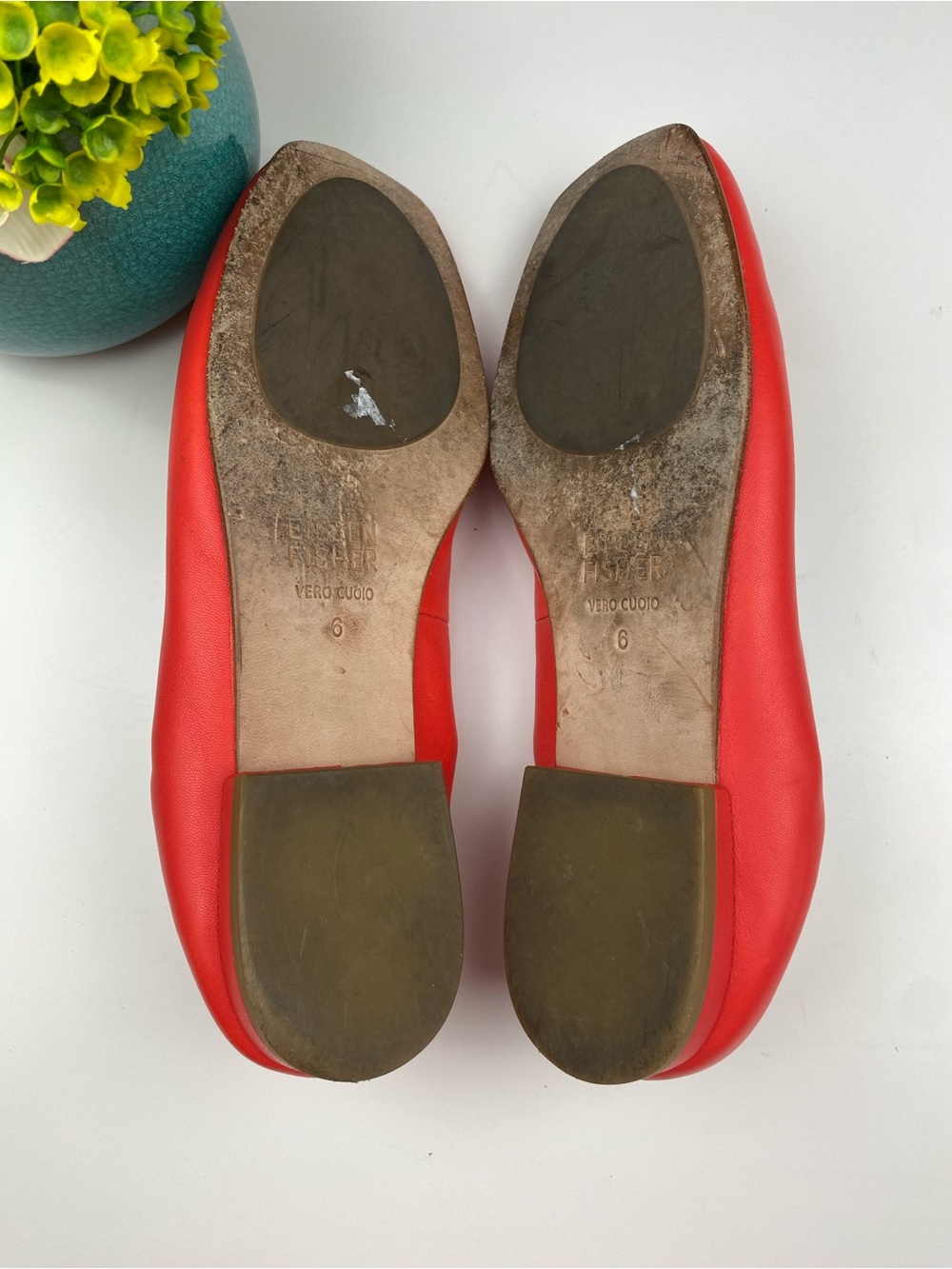 Eileen Fisher Nappa Leather Ballet Flat square toe Vibrant Red/ Orange Sz 6 - Picture 6 of 6